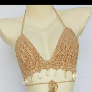 New Beige Women's Bikini Top Handmade Black Crochet Shell Tassel Bikini size L